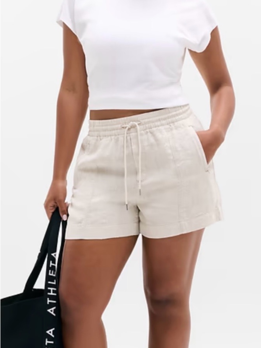 Athleta High-Waist Drawstring Linen Shorts - Cream NWT